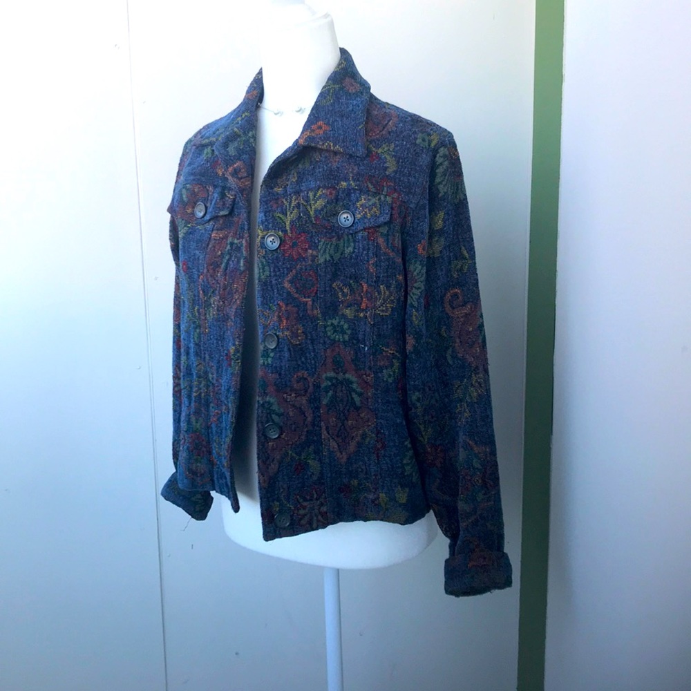 Vintage 90s Y2K Autumn Botanical Blue Floral Tapestry Button Up Shacket Jacket